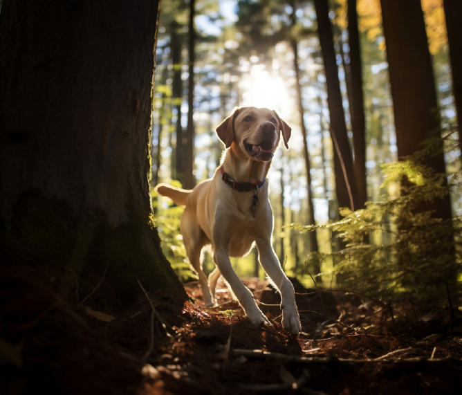 Labrador beige en action dans les bois.
